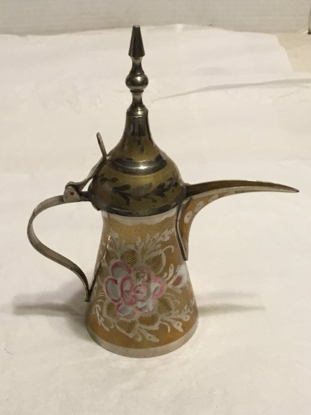 Vintage advertising F.E. & Sons gold & silver etched Moroccan Dallah coffee pot